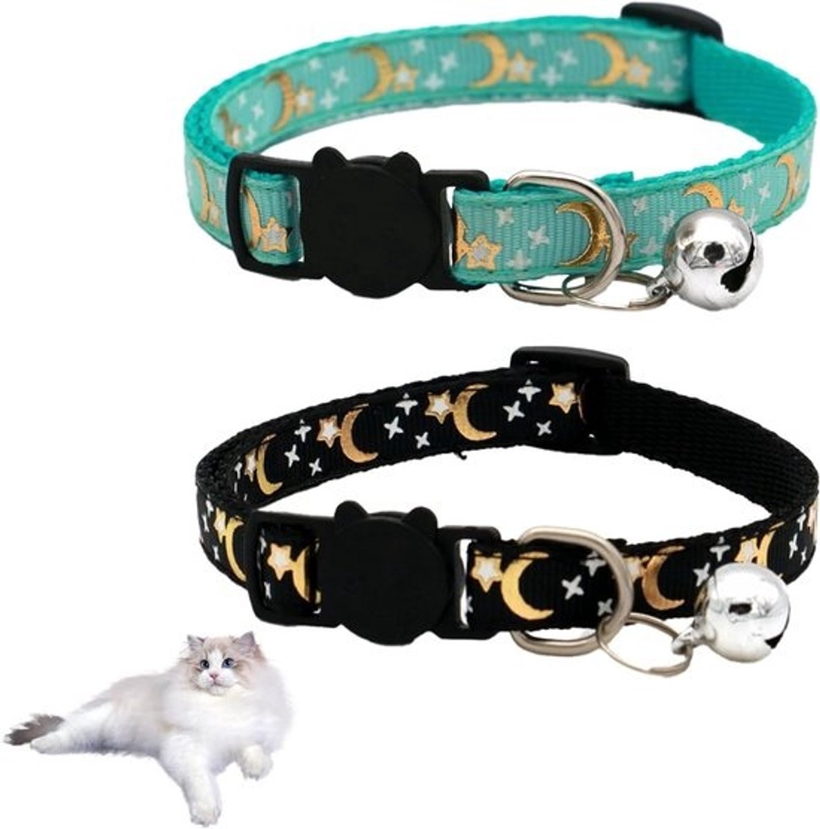 Verstelbare kattenhalsbanden - Met bel - 2 stuks - Lichtgewicht, minimalistisch ontwerp - Voor kittens en volwassen katten - Zwart/groen
