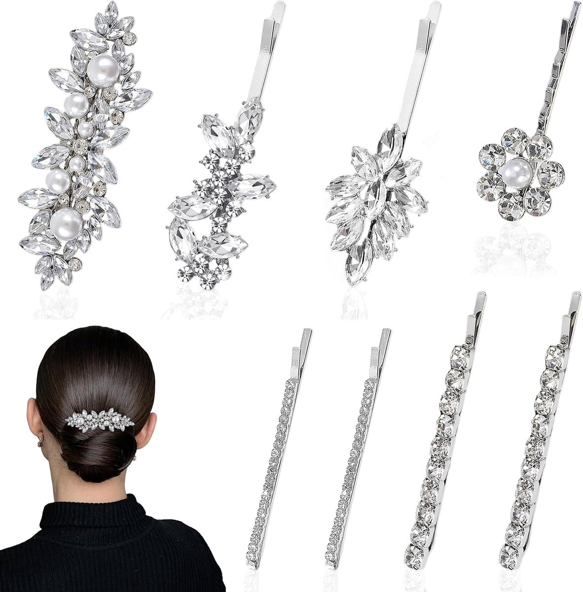 Elegante Haarspelden met Strass, 8 Stuks Bruidsaccessoires voor Bruid en Bruidsmeisjes, Glitter Haarclips voor Avondfeesten en Bruiloften