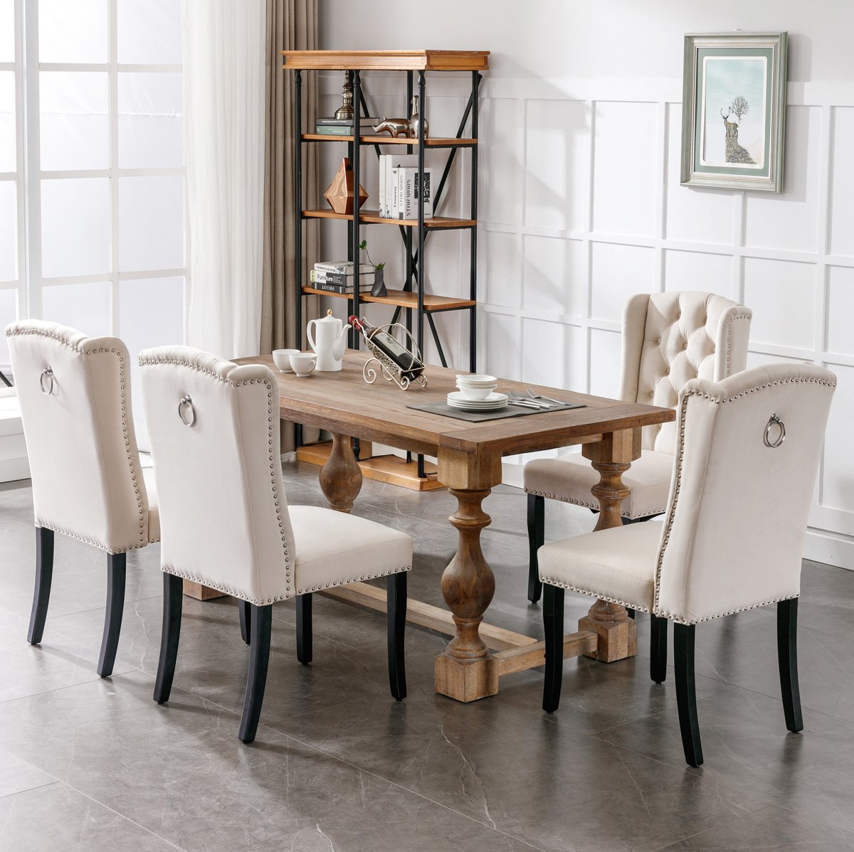 MODENUIT Eetkamerstoel Set van 4 - Fluwelen Met Hoge Rugleuning En Knopdetails - Eetkamer - Hout Beige