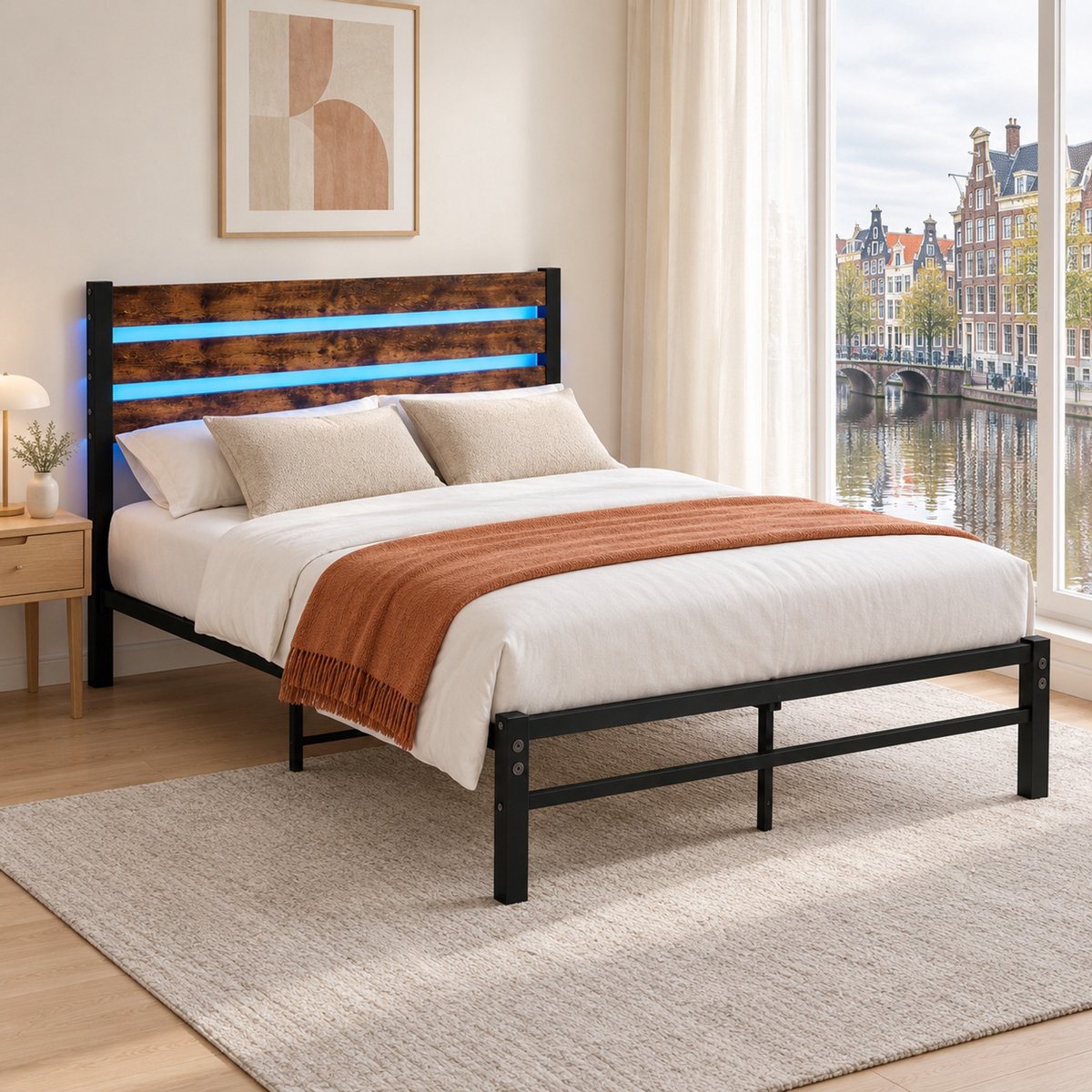 WUVRIE Bedframe 140x200 cm met houten hoofdbord, RGB-ledverlichting, USB-oplaadstation en opbergruimte, antiekbruin/zwart Antique brown en zwart