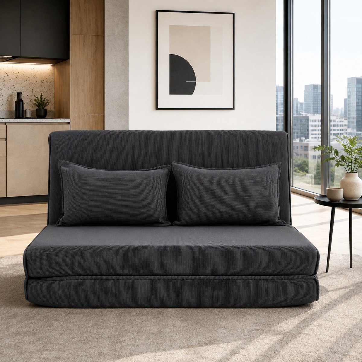 REDOM Slaapbank - 3-in-1 opvouwbaar - Verstelbare rugleuning in 5 standen - Cordstof en metalen frame - 2-persoons - Donkergrijs - 135 x 88 x 74 cm