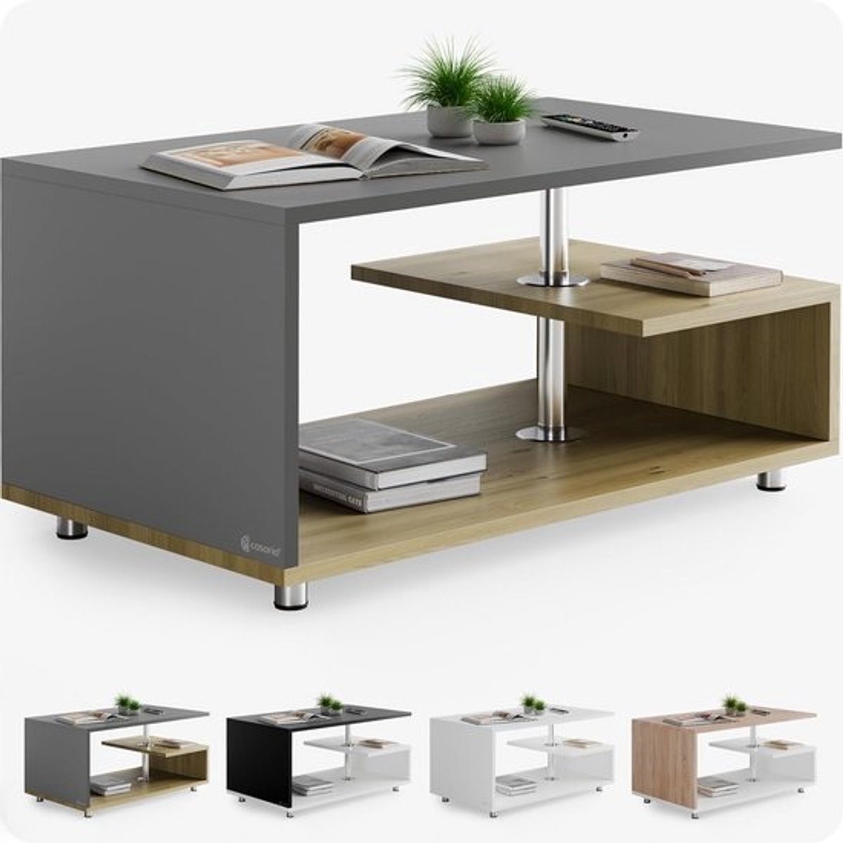 Moderne Grijze Salontafel met Opbergruimte en Hoogteverstelling - Koffietafel 95x55cm
