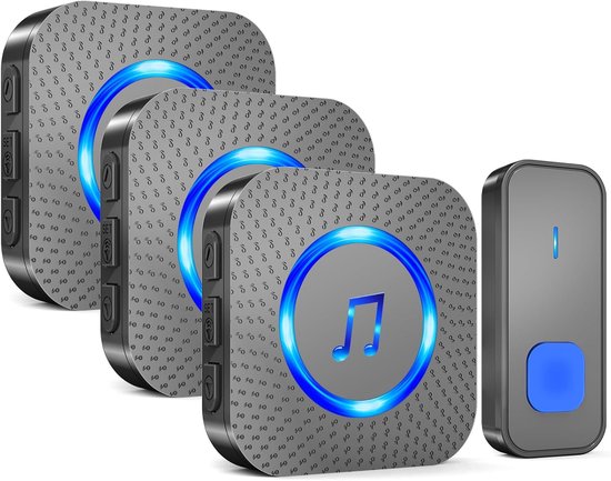 Drie ontvangers met muzieknoot symbool, blauwe LED ring en grijs patroon. Een donkergrijze deurbel met blauwe knop staat ernaast.