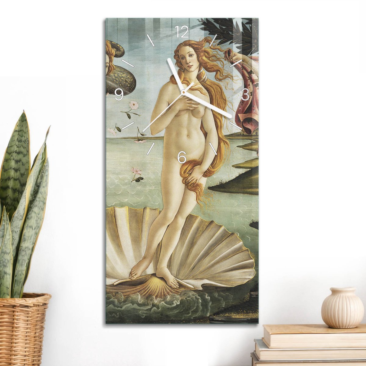 ArtPrintCave Groene Glazen Klok - 30x60 cm - Rechthoekige Wandklok - De Geboorte Van Venus Wandklok Keuken - Natuur Unieke Klok - Witte Klokwijzers