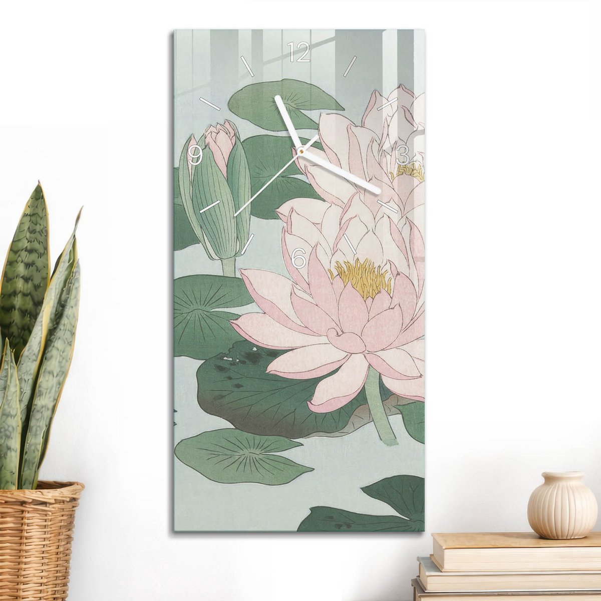 ArtPrintCave Groene Glazen Klok - 30x60 cm - Rechthoekige Wandklok - Waterbloemen Unieke Klok - Natuur Stille Wandklok - Witte Klokwijzers