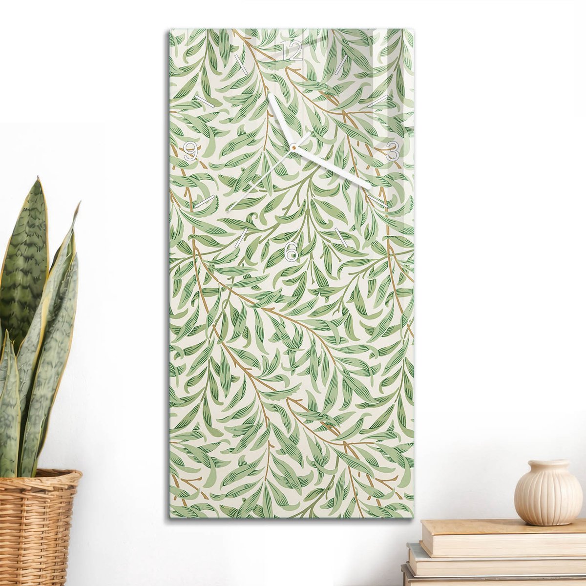 ArtPrintCave Groene Glazen Klok - 30x60 cm - Rechthoekige Wandklok - Plantenpatroon Unieke Klok - Natuur Stille Wandklok - Witte Klokwijzers