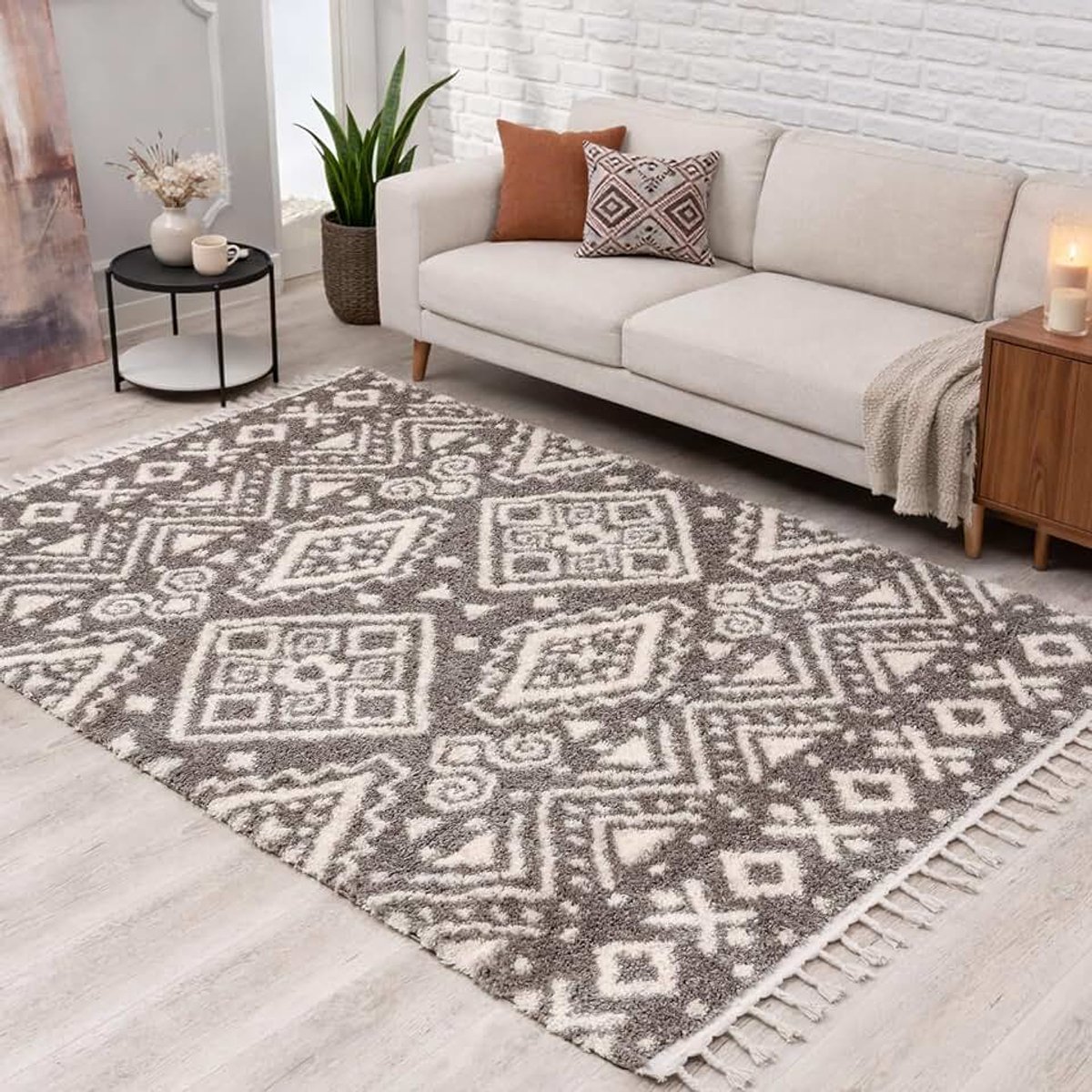 Shaggy grijs/taupe 80x400 cm - boho-patroon, franjes en kettingsdraden - pluizig zacht, knuffelig slaapkamer- en woonkamertapijt