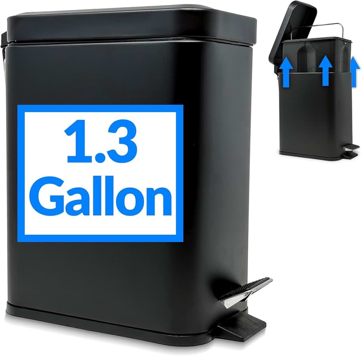 Kleine prullenbak met deksel, 1,3 gallon (5 liter) | roestvrij staal (mat zwart) | kleine badkamer vuilnisbak | trappedaal vuilnisbak met afneembare emmer, keuken | rechthoekige metalen