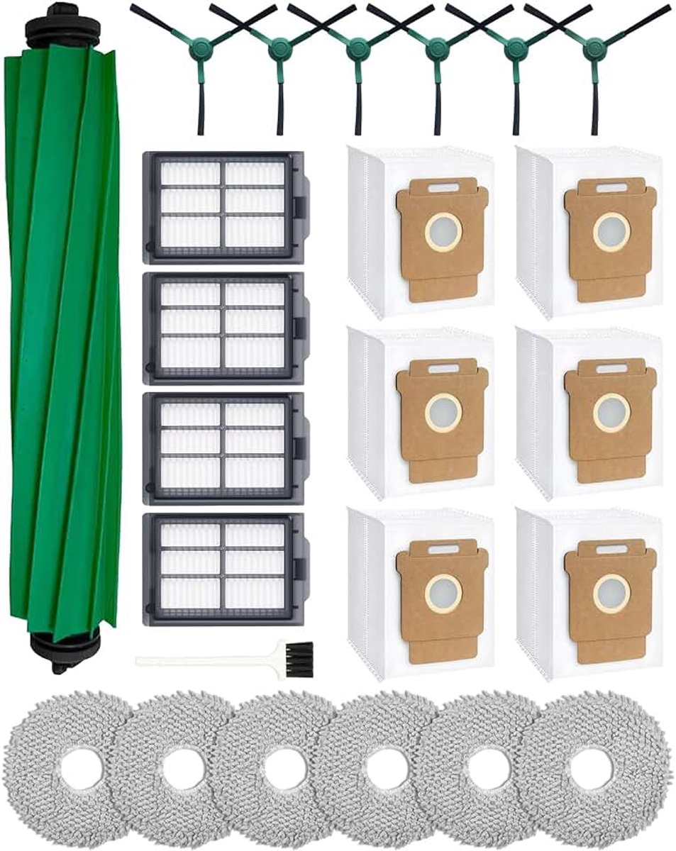 Roomba Plus 405 Combo/505 Combo robotstofzuiger, reserveonderdelen omvatten 1 hoofdborstel, 6 stofzakken, 6 dweilpads, 4 filters, 6 zijborstels en 1