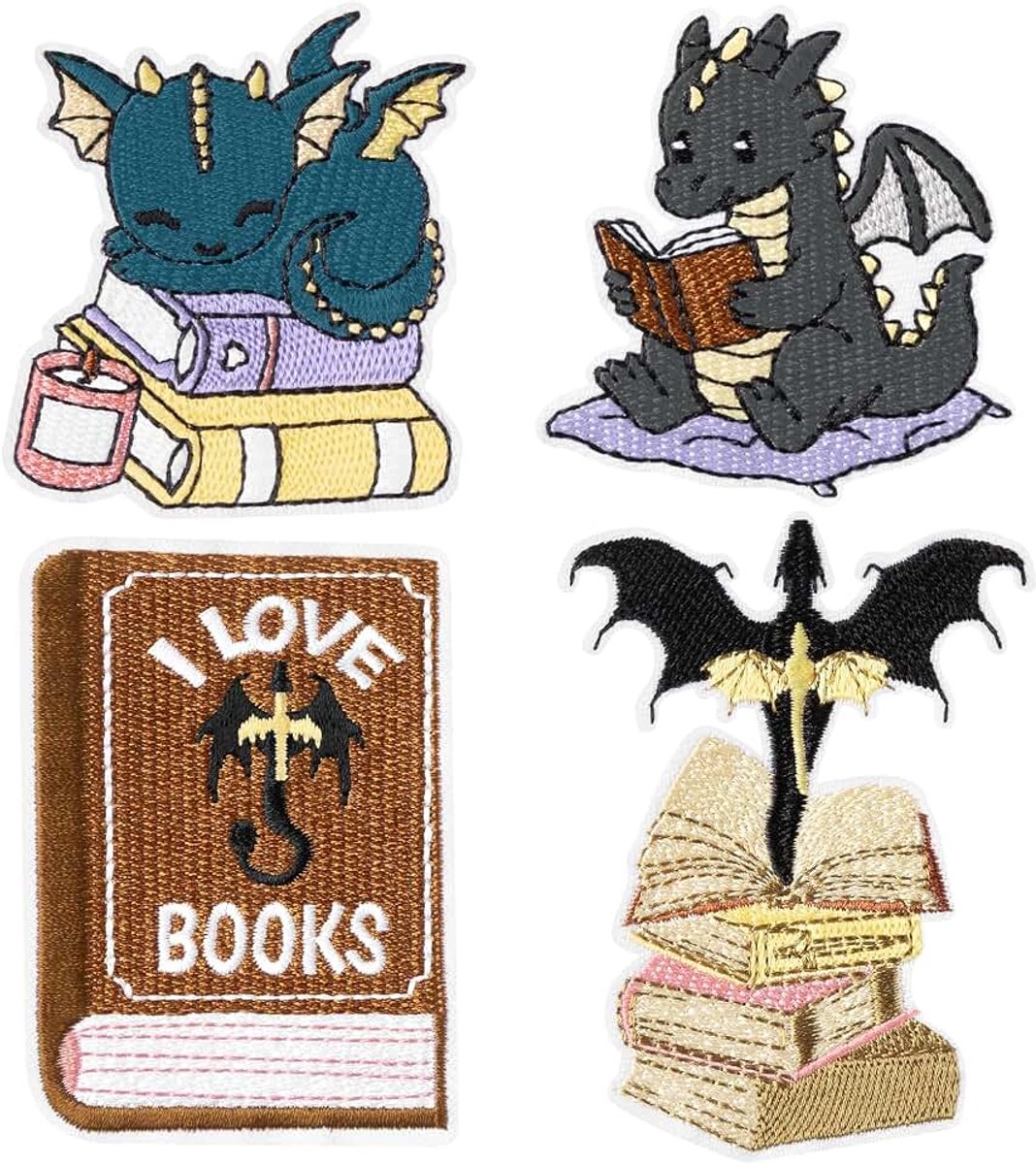 Set van 4 geborduurde draak fantasieboek patches, opstrijkbare patches voor volwassenen en naaipatches, strijkbare patches voor kleding jeans tas hoed, doe-het-zelf accessoires