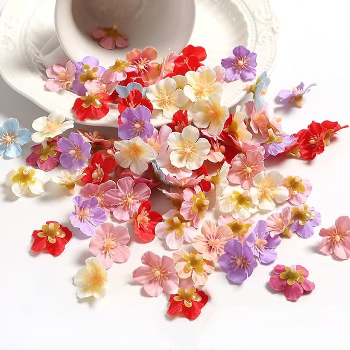 100 stuks kunstbloemen, kersenbloesems, bloemhoofddecoratie, met een diameter van 2,5 cm, kleurrijke mini-zijden bloemen, voor doe-het-zelf knutselen, bruiloft, boeket, huis, tafel, decoratie,