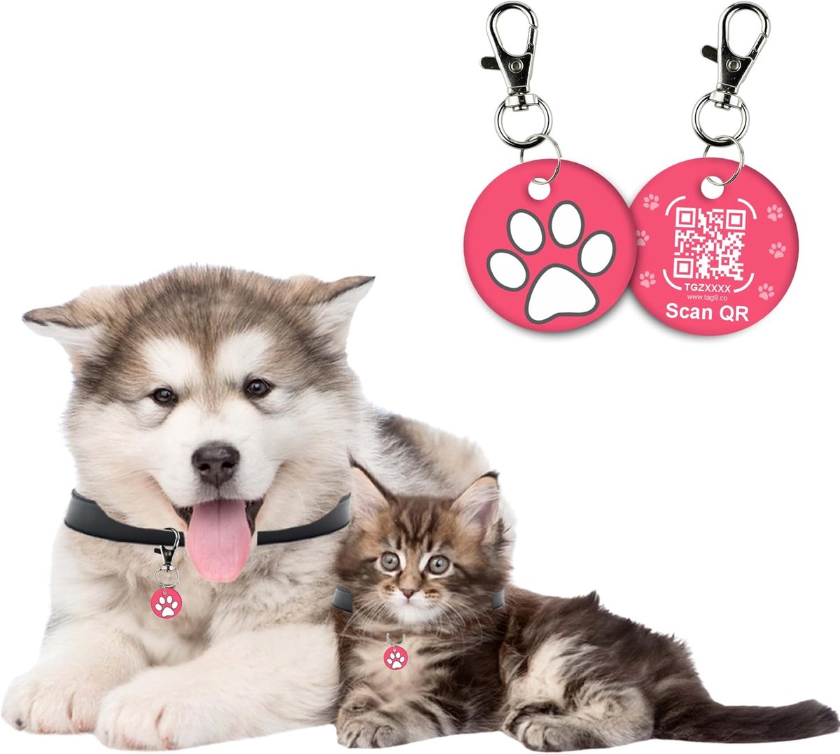 Tag8 Smart Pet ID-tag - Anti-verlies NFC & QR-codetag, stille siliconen halsband voor honden en katten, digitaal huisdierprofiel en gemakkelijk contact met de eigenaar - roze