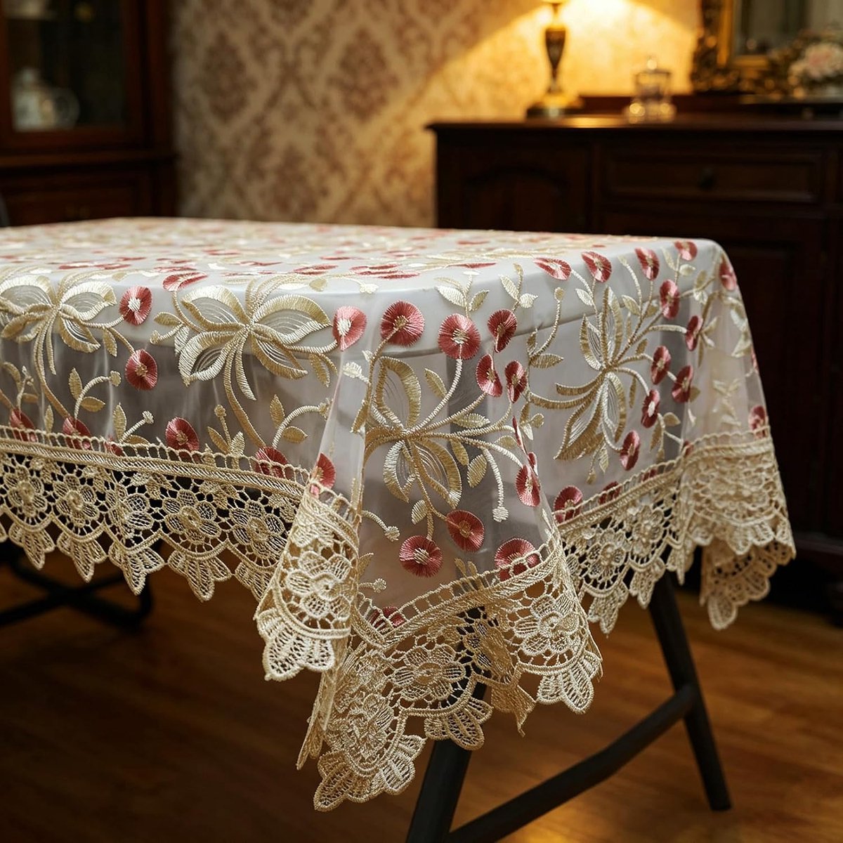 Tafelkleed rechthoek chique geborduurde tafelhoes, vintage elegant bloemenontwerp tafelkleed voor bruiloft banket verjaardagsfeestje formele eettafel, koffierood, 60 × 87 inch