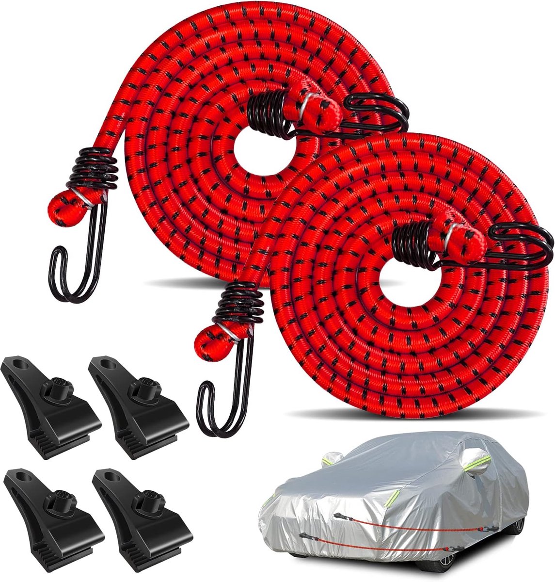 2 stuks autoafdekking, windbeschermer, bungeekoorden haak clips kit houden zeil vastbinden tegen afblazen bij hoge wind - universele pasvorm voor de meeste auto's, sedans, SUV's, vrachtwagens,