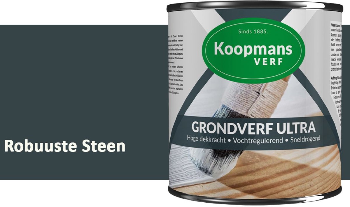 Koopmans Grondverf Ultra – Grondverf Hout & Metaal Binnen en Buiten – Vochtregulerende Primer – Hoge Dekking – Zijdeglans – Robuuste Steen – 750 ml