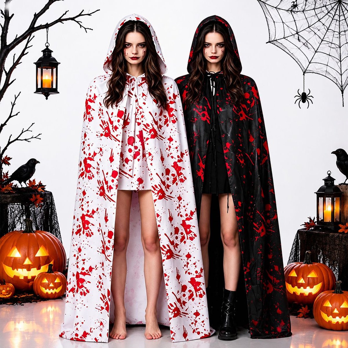 VHV - Cape kostuum voor Halloween - 2 stuks, 1x zwart en 1x wit - Voorzien van bloederige en horror elementen - Geschikt voor carnaval, gemaskerd bal, Halloween en themafeesten - Bloederige handafdruk Halloween cape