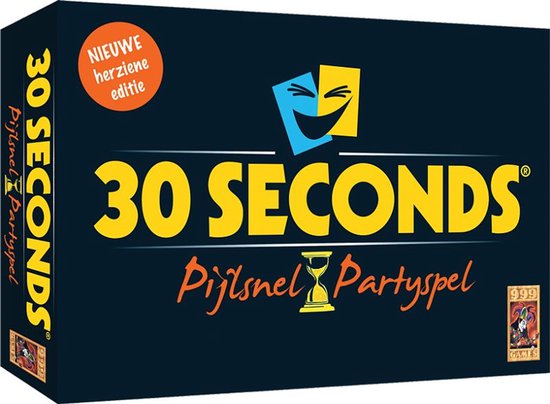 Doos van het partyspel 30 SECONDS, met 'NIEUWE herziene editie' in een oranje cirkel. Het spel logo is een lachend gezicht met maskers.