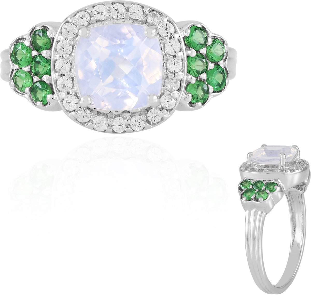 Cavill - Zilveren Ring met 1,15 ct Maan Blauwe Kwarts Antiek Kussen - 925 Sterling Zilver - 10 Keniaanse Tsavoriet Rond - Elegante Damesring