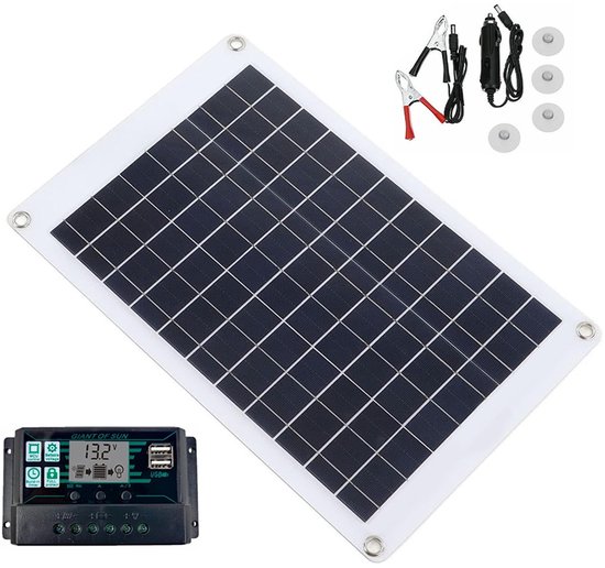 Een 12V zonnepaneel met witte rand en zwarte cellen, samen met een laadregelaar, clips en USB-poorten.