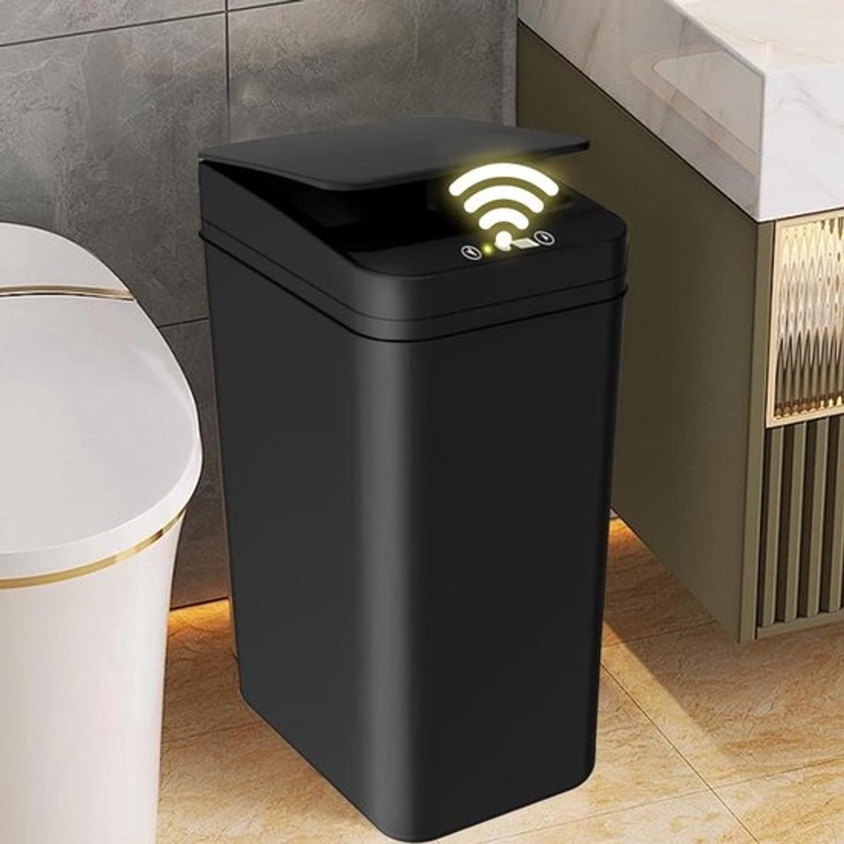12 Litre Automatic Trash Bin with Smart Sensor, Narrow Design with Lid - Non-Contact Bin for Kitchen, Bathroom, Office (Black)