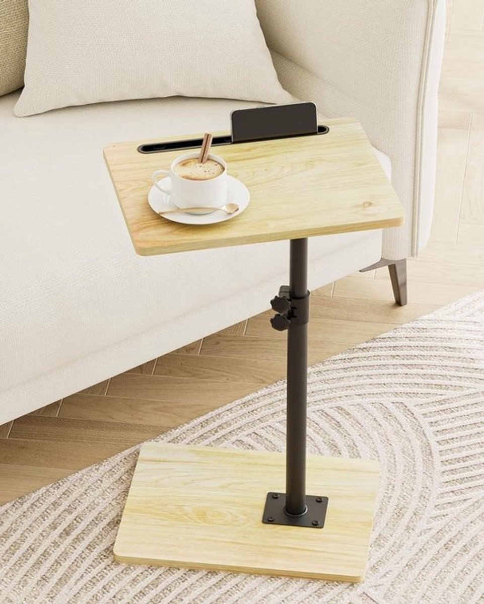 Verstelbare C-vorm Bijzettafel met Draaifunctie voor Kleine Ruimtes - Multifunctionele Houten Salontafel