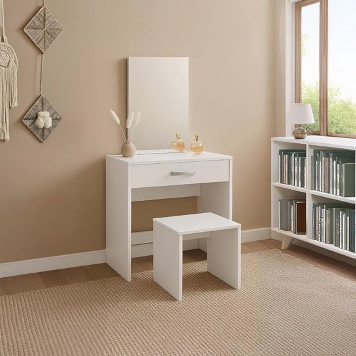 Kaptafel met Spiegel en Kruk - Witte Make-up Set voor Slaapkamer - Cosmetica Opslag Bureau