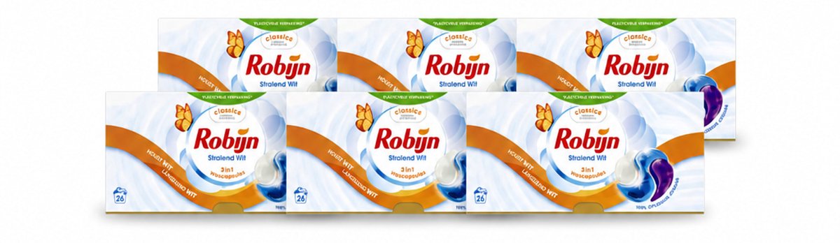 6 x Robijn – 3-in-1 Wascapsules – Stralend Wit - 26 Capsules - Voordeelverpakking - 6 stuks