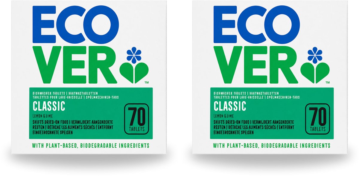 2 x Ecover - Vaatwastabletten Classic - Citroen & Limoen - 70 Tabs - Voordeelverpakking - 2 stuks