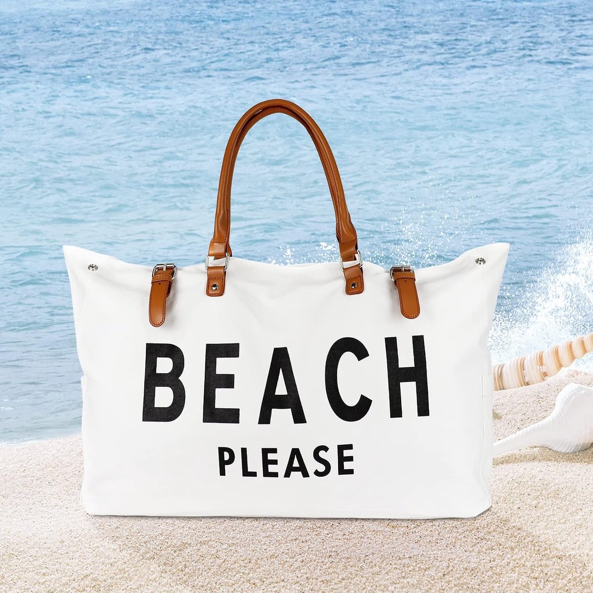 Strandtas met handvat van veganistisch leer, extra grote strandtas voor dames, waterdicht, zandbestendig, wit, Wit, extra large