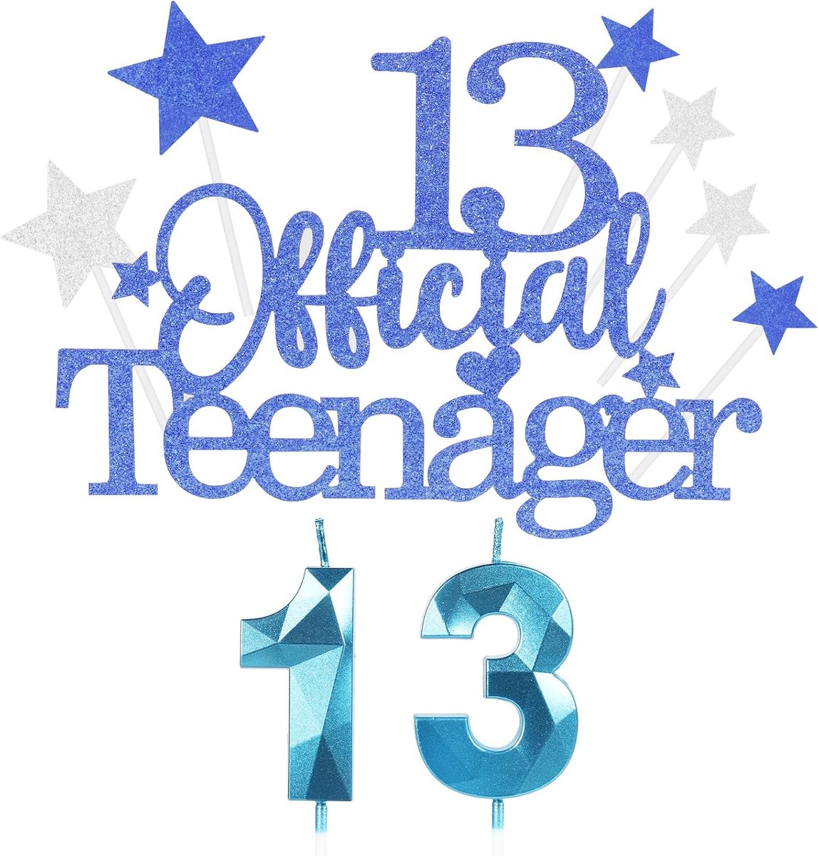 Gepersonaliseerde blauwe officiële 13e tiener taart topper met nummer 13 verjaardagskaarsen ster cupcake toppers decoraties set voor hem jongen mannen meisje kinderen verjaardag - (Set 9