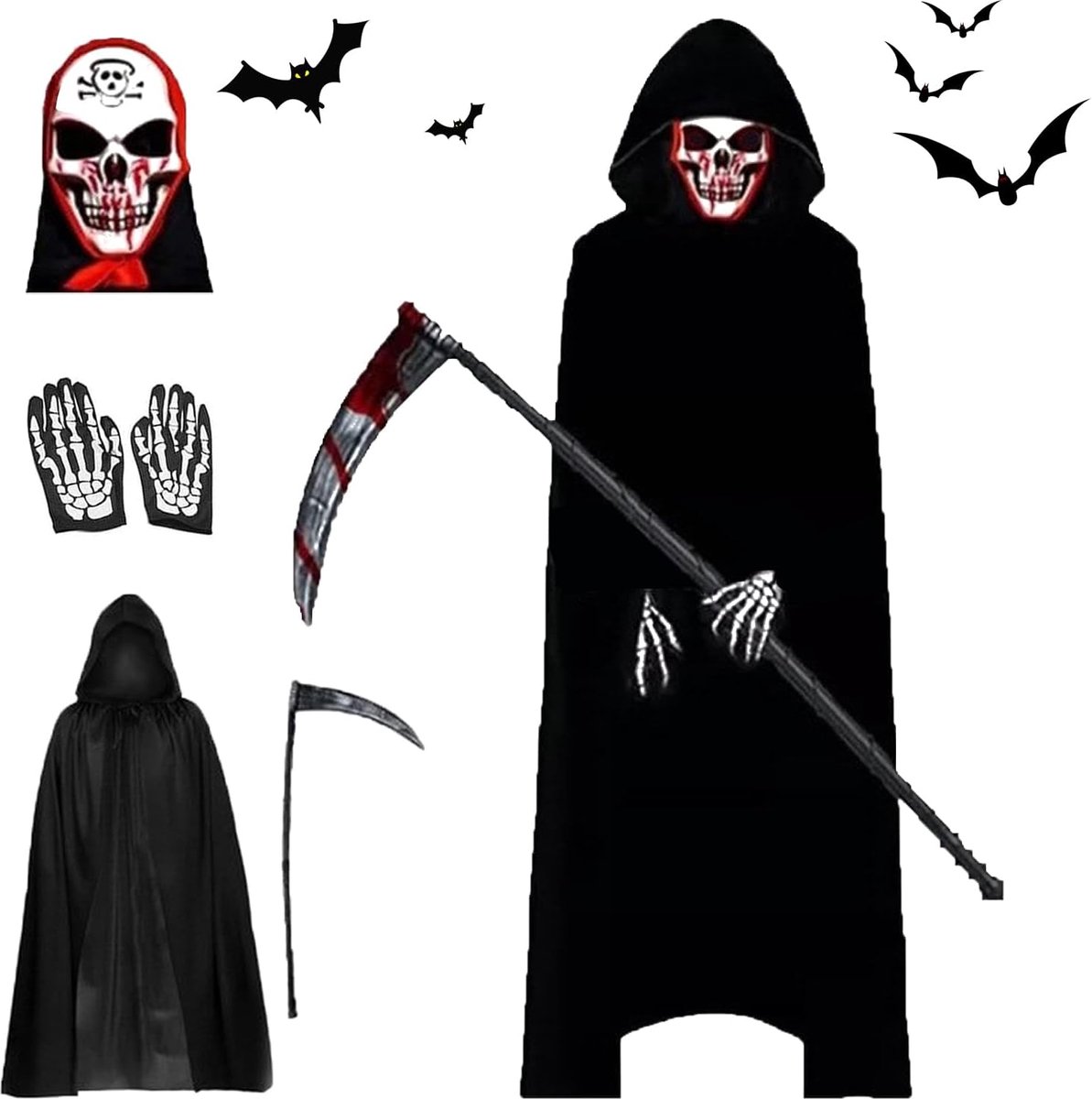 Sensenman-kostuum voor volwassenen en kinderen, met zeis, doodskopmasker, handschoenen voor Halloween, cosplay, carnaval
