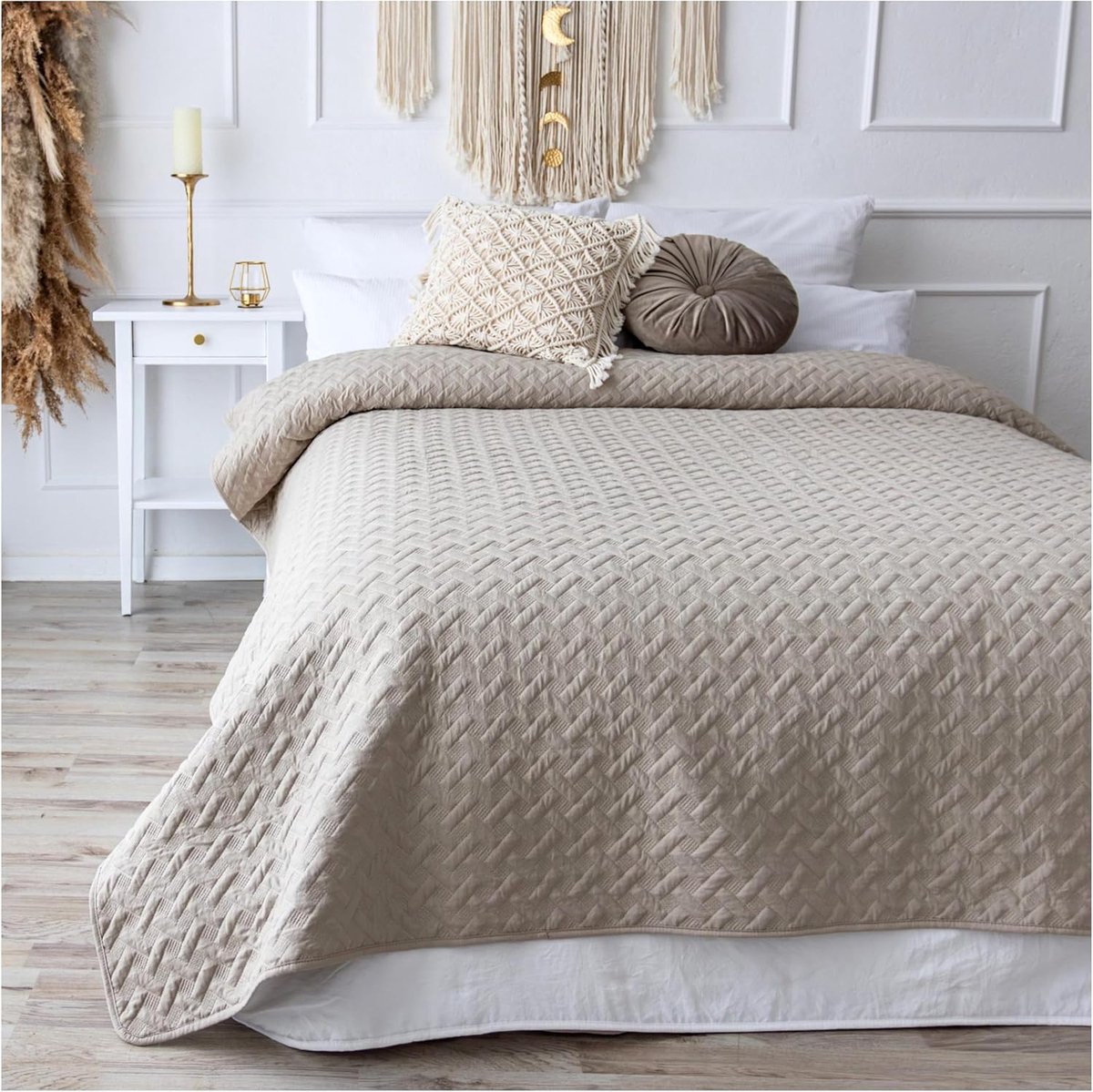 Sprei, bedsprei, 220 x 240 cm, bankovertrek, quilt, bankdeken, dagdeken, bedhoes, XXL, gewatteerd, quilt bedspread (beige)