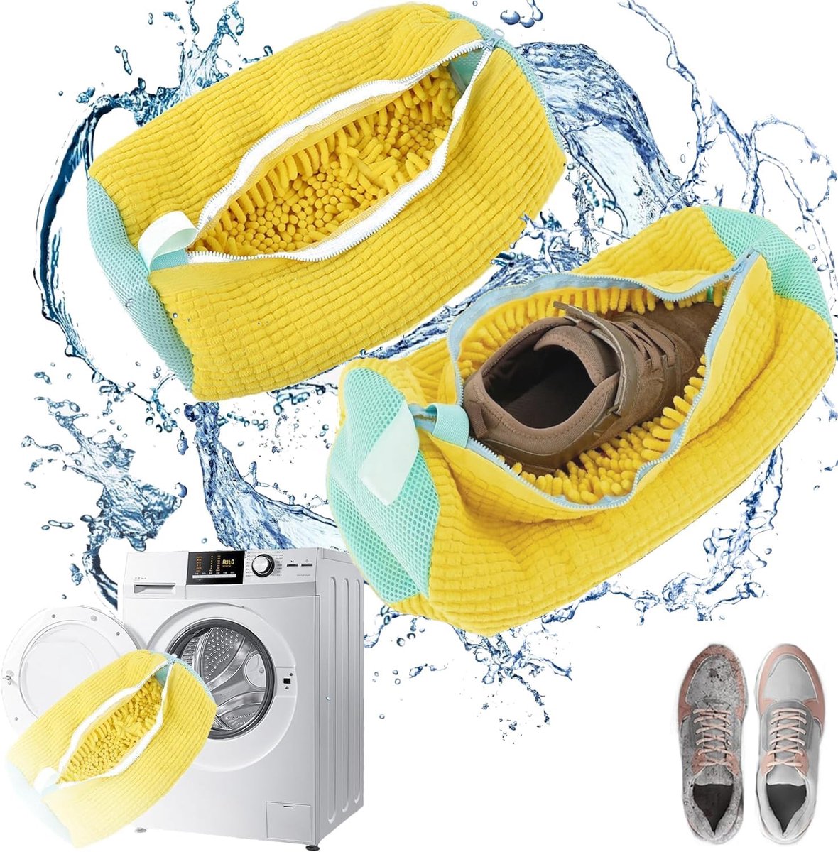 Schoenenwaszak sneakers, wasmachine schoenenwaszak upgrade met dempingsbescherming en ritssluiting,wasnet voor sneakers 39x19cm waszak voor sportschoenen (geel)