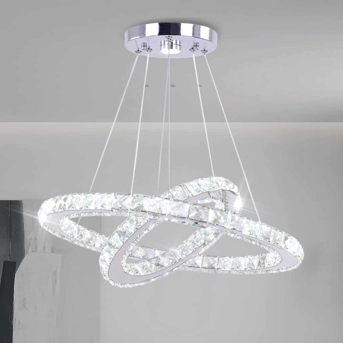LED kristallen hanglamp, 2 ringen (Ø 30 & 50 cm), 50 W, koudwit 4500-6500 K, in hoogte verstelbaar tot 120 cm, roestvrij staal/K9-kristal, voor woon- en eetkamer