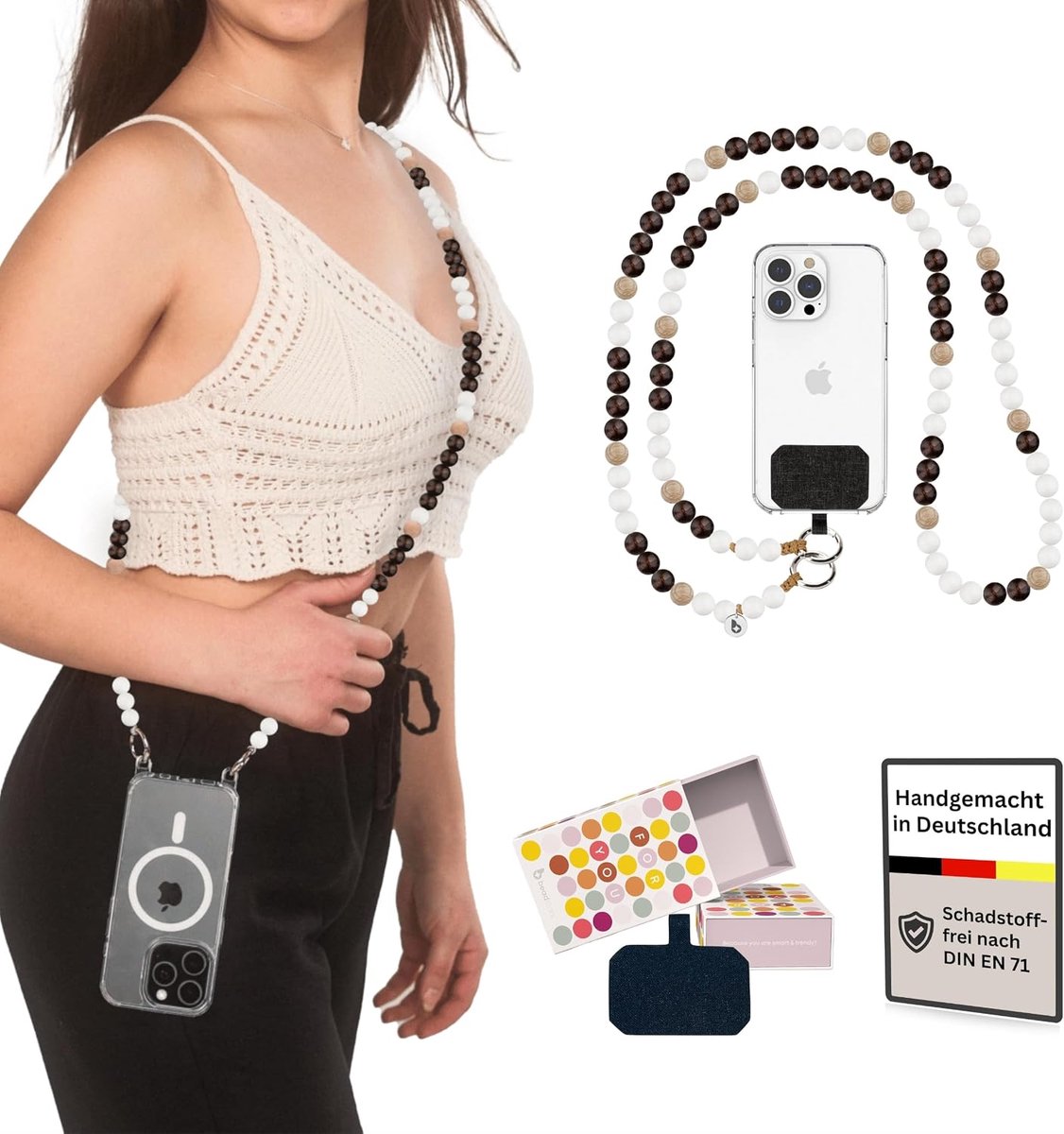 Houten telefoonketting met parels, lang om te hangen incl. patch, handgemaakt in Duitsland, lengtes 120 cm, 130 cm, 140 cm, compatibel met iPhone, Samsung, cadeau-idee Kerstmis (cappuccino