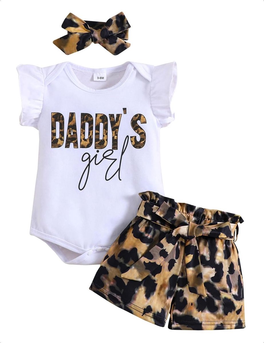 4-delige babyset voor pasgeborenen, zomerkleding met korte mouwen, luipaardpatroon, rompertje + shorts + hoofdband + riem voor meisjes, 4-delige set voor 0-24 maanden