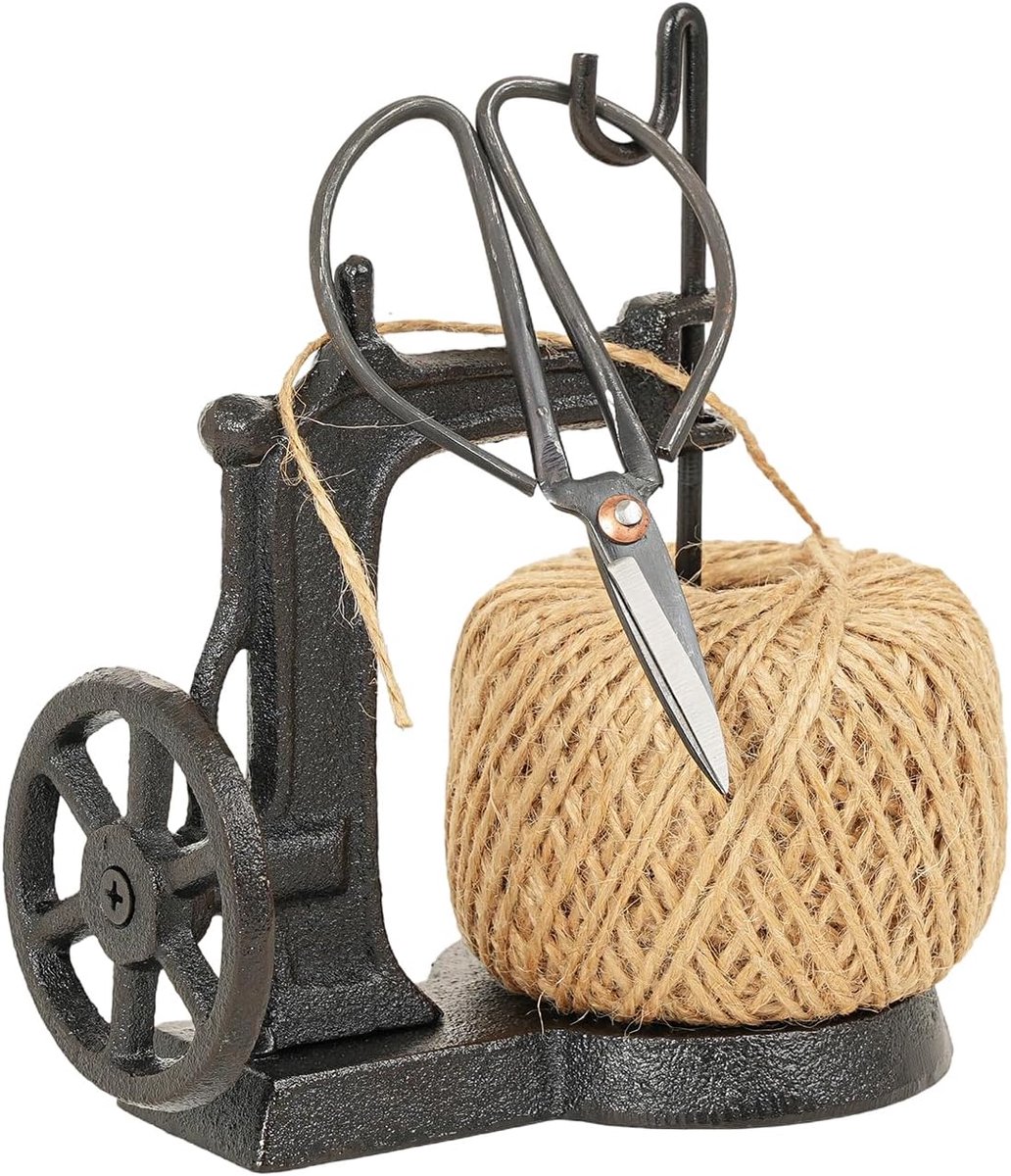 Gietijzeren touwhouder en schaarset, vintage jute touw tuinsnaarhouder, decoratieve touwdispenser met snijder voor knutselen, tuinieren, geschenkverpakking, naaimachinevorm