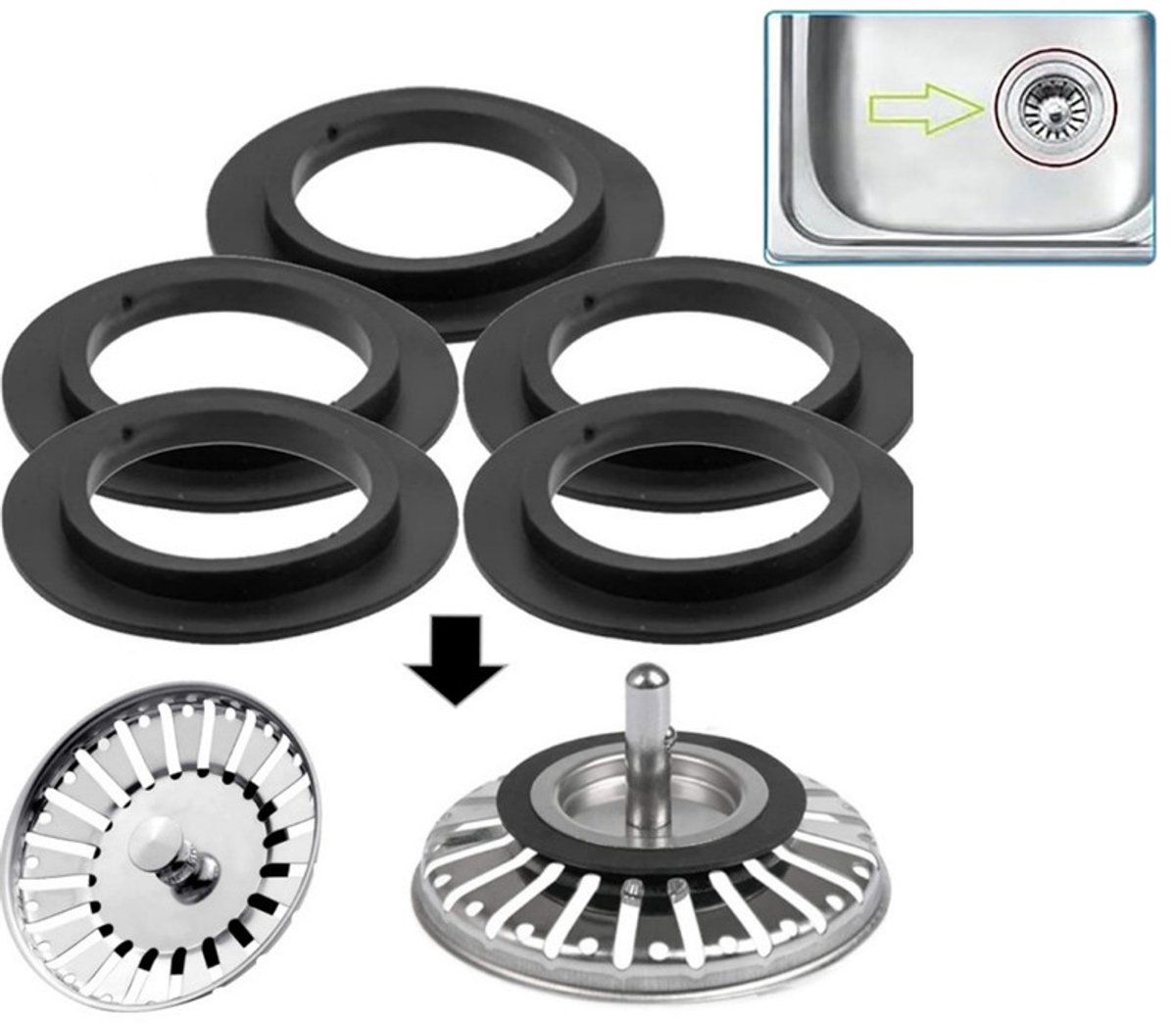 5x Afdichting voor korfzeef – Universele afdichting – Rubber – Vervangende afdichting voor korfzeven, gootsteenpluggen, plugventielen en afvoeren – Afdichting voor gootsteenplug – Korfzeefafdichting – Korfdichting – Gootsteenstop-afdichting
