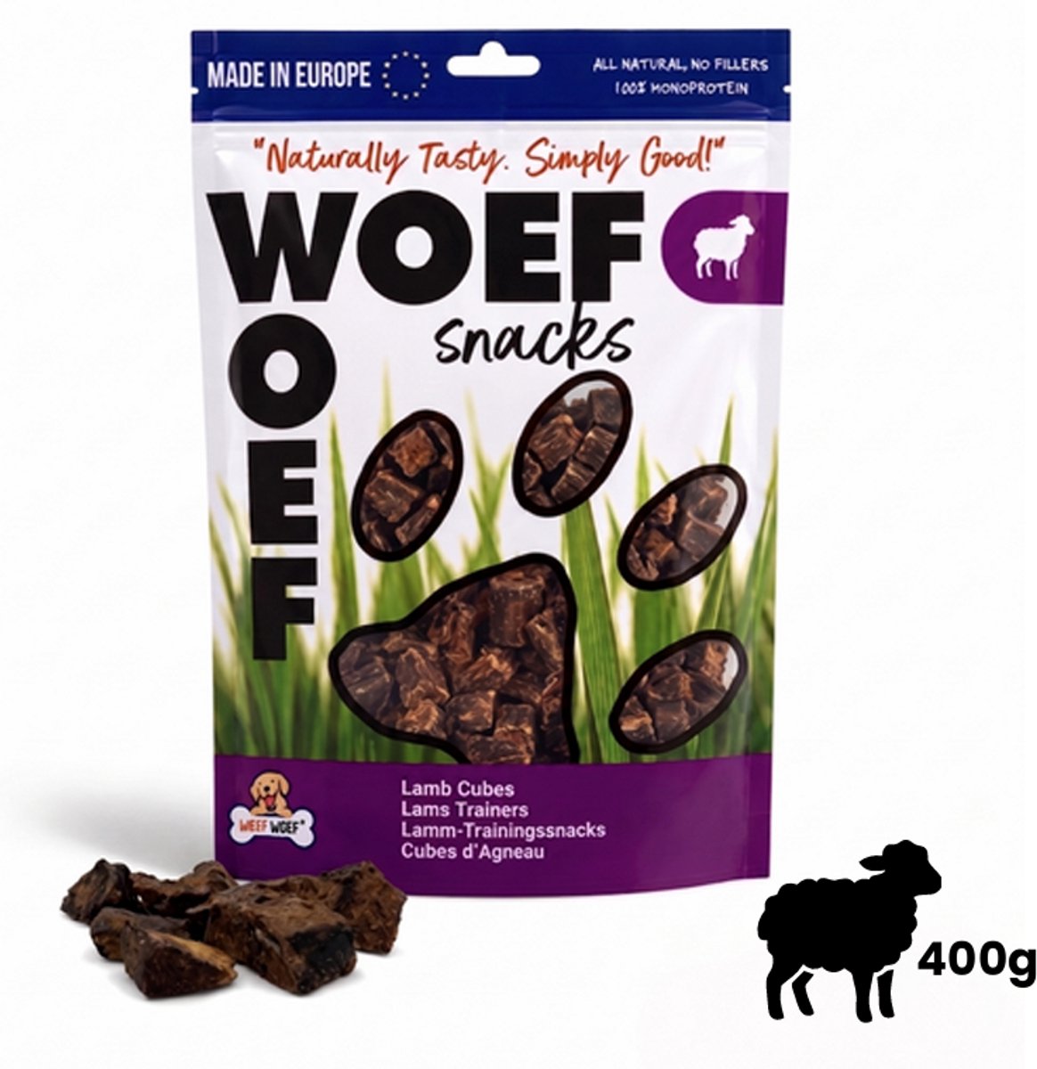 Woef Woef Snacks Hondensnacks Lams Trainers 0.40 KG - Trainingssnacks Hondensnoepjes - Gedroogd vlees - Lam - Alle honden en alle leeftijden vanaf 2 maanden - Geen toevoegingen