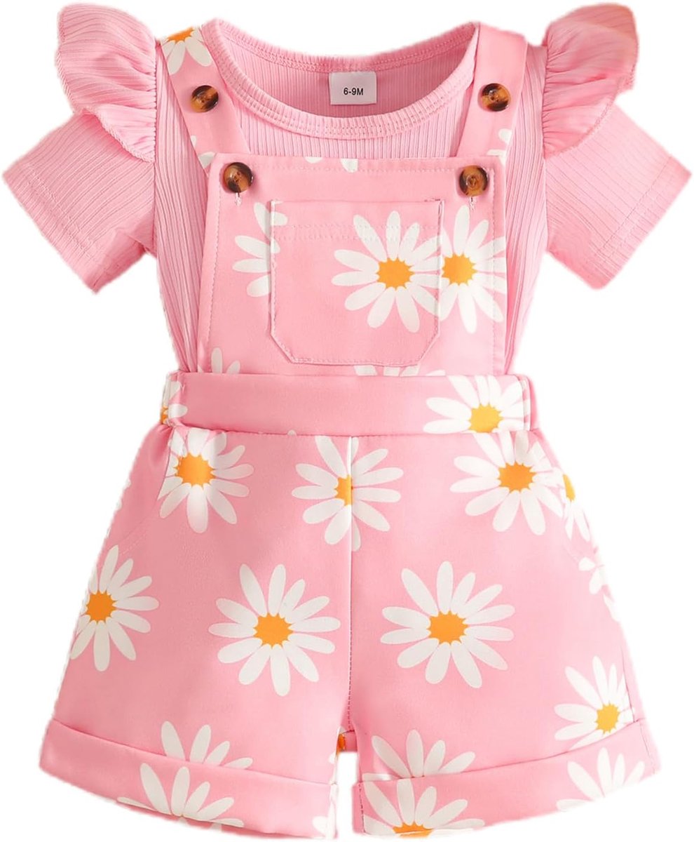 2-delige zomerkledingset voor baby's en meisjes, bovendeel met ruches + bloemenprint, korte broek met tuinbroek, bretels voor kinderen