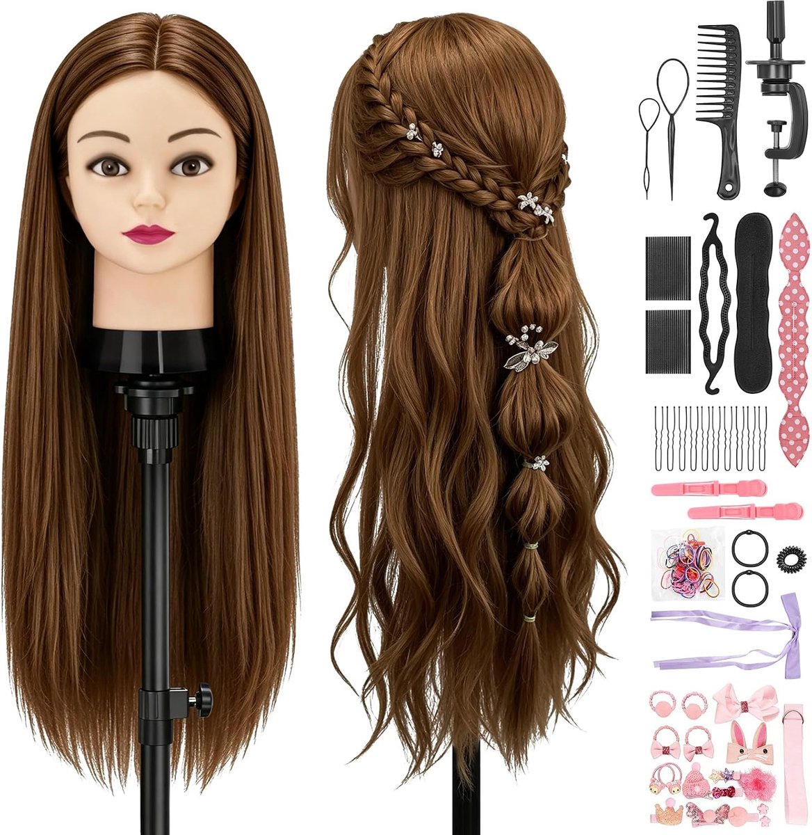 61 cm kapperstrainingshoofd, 80% echt haar, mannequin hoofd, poppenhoofd voor vlechten en haarstyling, haaroefenhoofd met tafelklem + doe-het-zelf vlechtset (bruin)