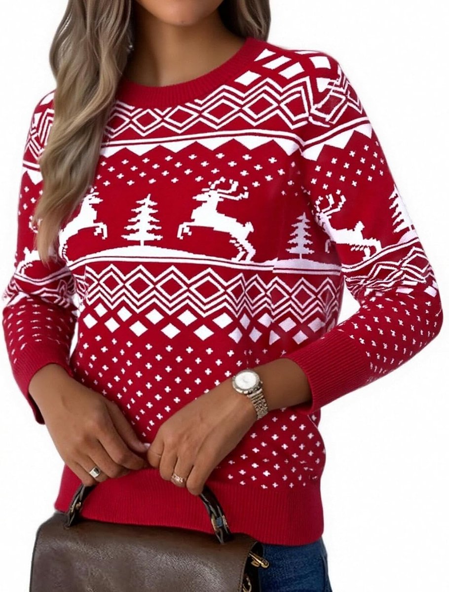 Kersttrui voor dames, ronde hals, gebreide trui, warme kersttrui met rendier, sneeuwvlok, kerstboompatroon