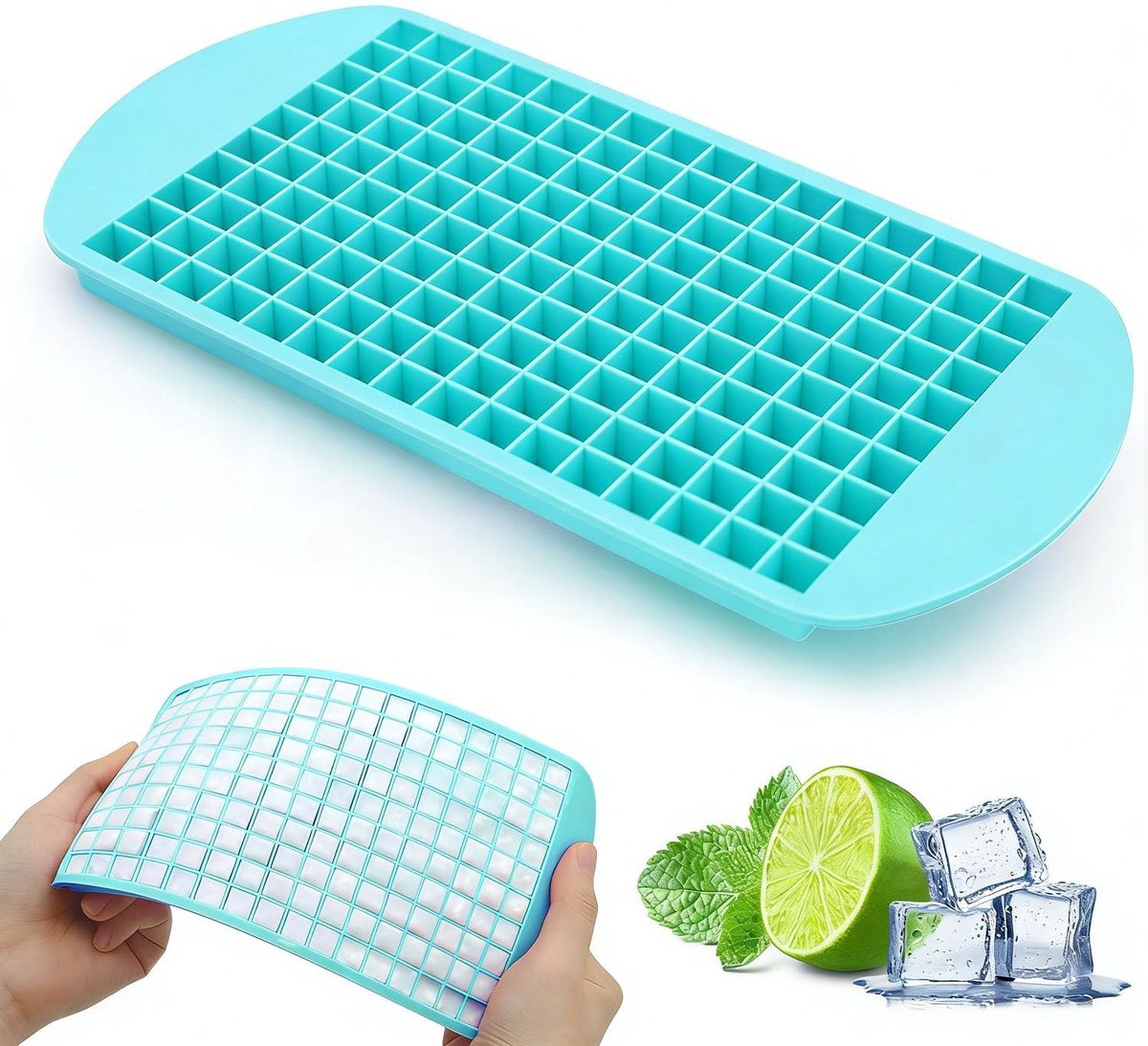 1 verpakking ijsblokjesvorm siliconen voor 160 ijsblokjes voor keuken, zonder deksel, drankjes/bier/babyvoeding/fruitijsblokjesblokjes, 1 x 1 cm, cyaan