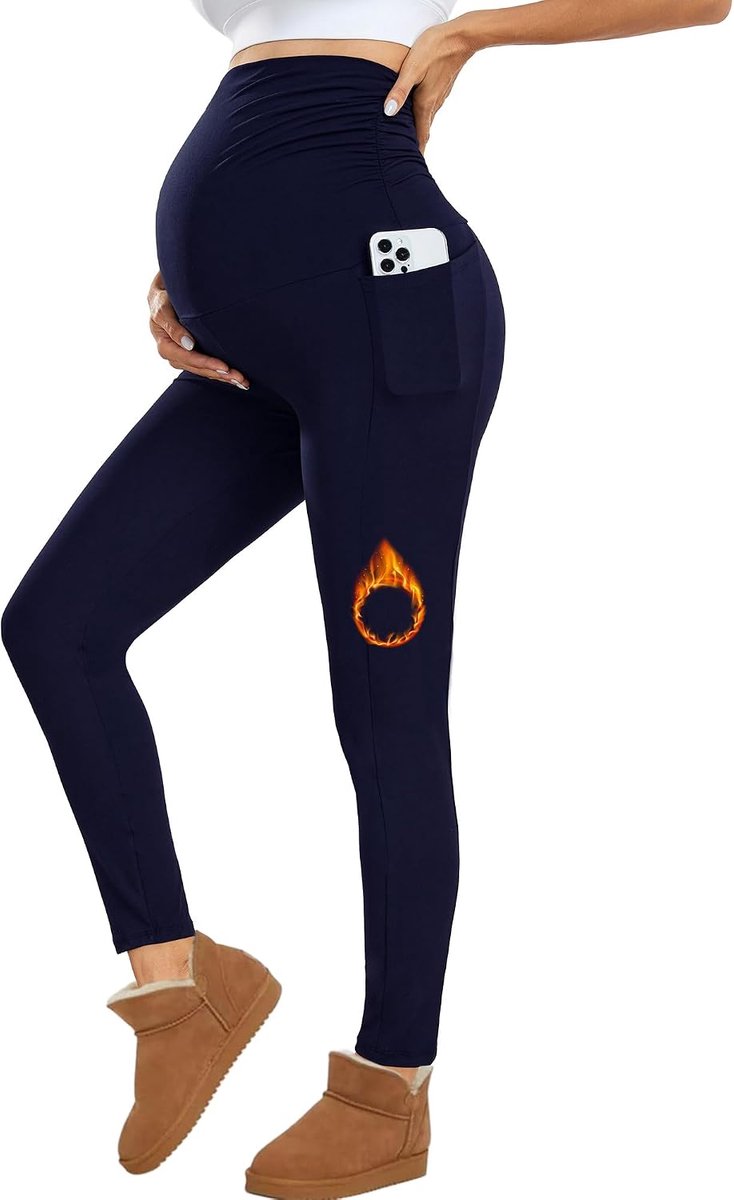 Zwangerschapslegging met Zakken - Over Bump Legging met Zachte Buikondersteuning Stretchy Zwangerschapsbroek voor Dames