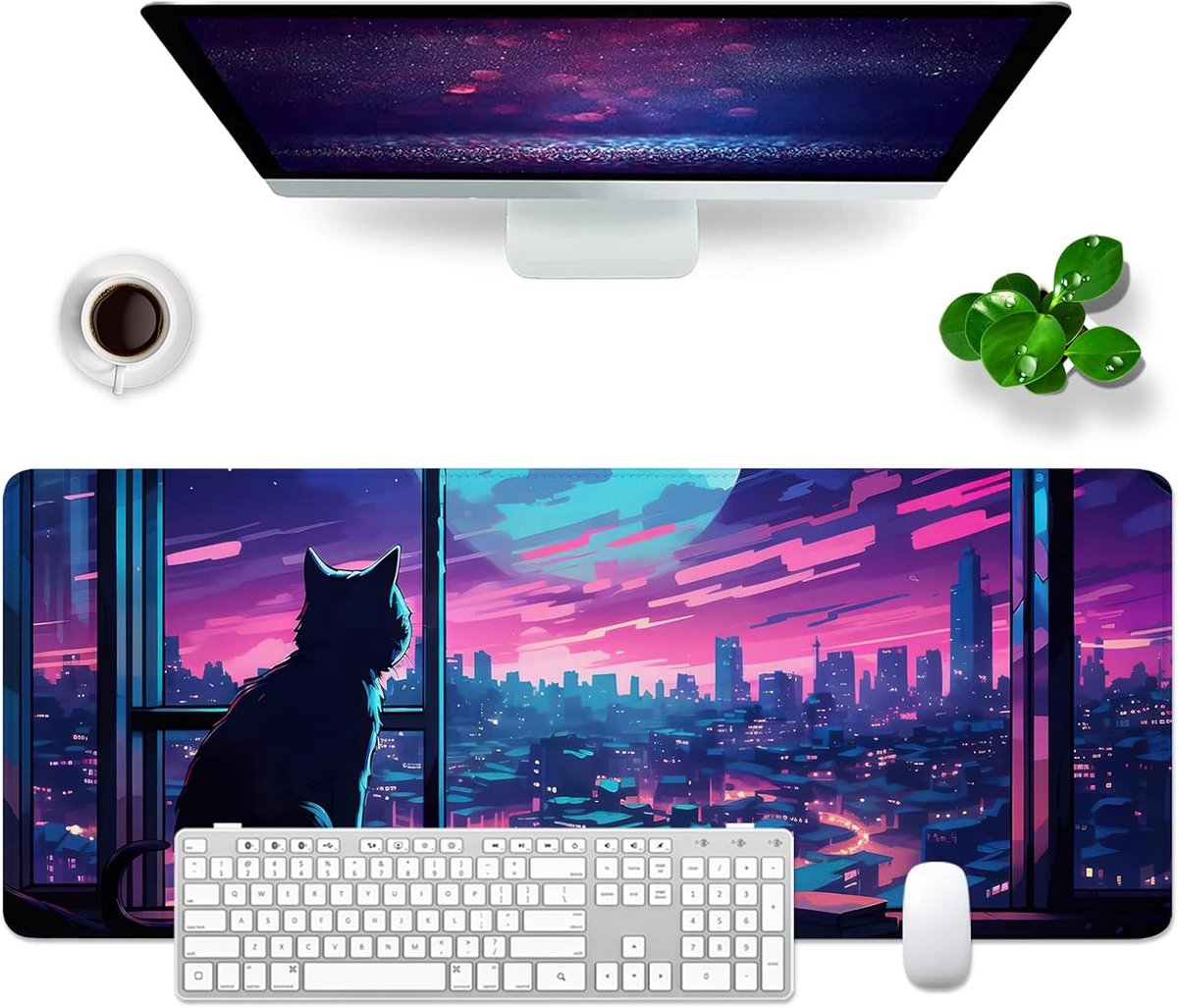 Muismat katten bureauonderlegger violet 80 x 30 cm muismat XL grote muismat schattig, computer pc toetsenbord muismat groot bureaumat & bureaumat XL (kat en stad - 1)