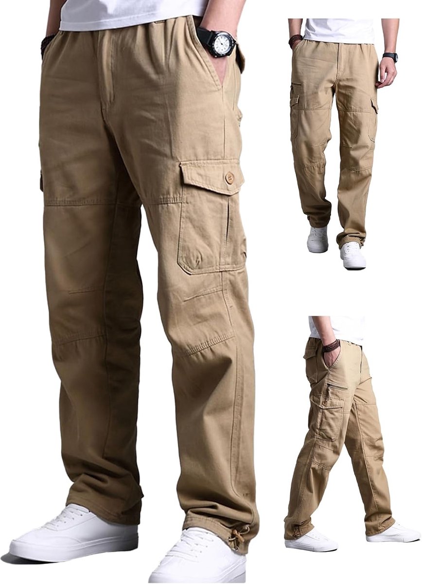 Cargobroek voor heren, katoen, cargobroek, lange vrijetijdsbroek met 7 zakken en elastische taille, outdoorbroek, wandelbroek, Kaki, XXL