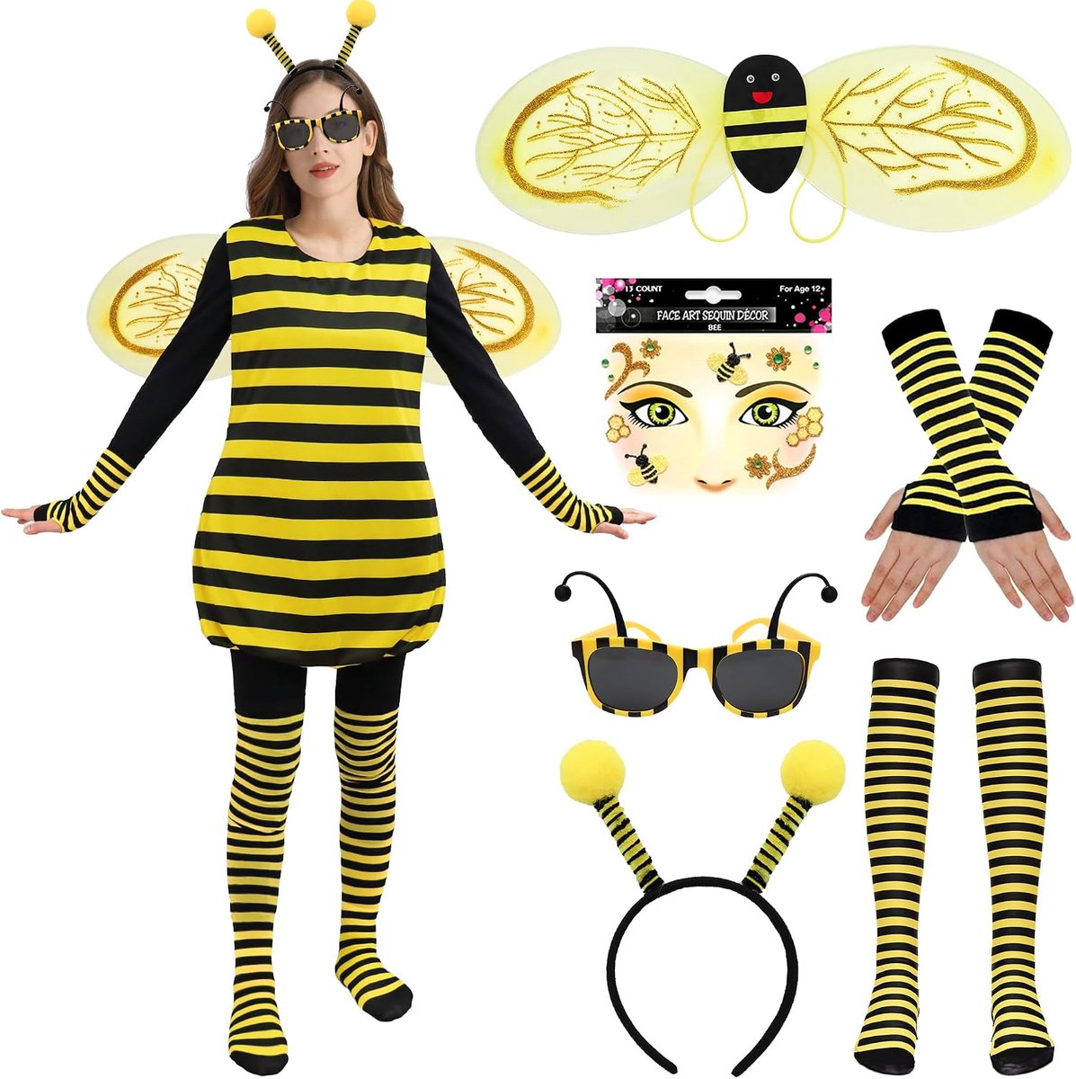 Bijenkostuum voor volwassenen, set van 6 hommelkostuums, cosplay met vleugels, antenne, hoofdband, zonnebril, handschoenen en sokken, voor carnaval, feest