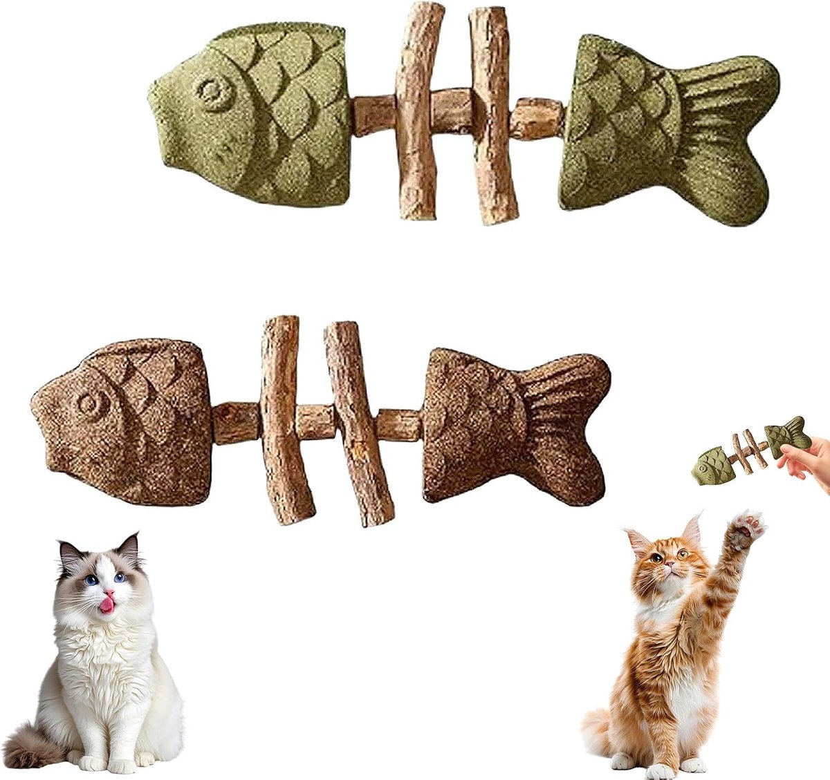 2 stuks tandspeelgoed voor katten, visgraatvorm, interactief kauwspeelgoed van hout, bijtspeelgoed voor kittens met kattenkruid, vermindert verveling
