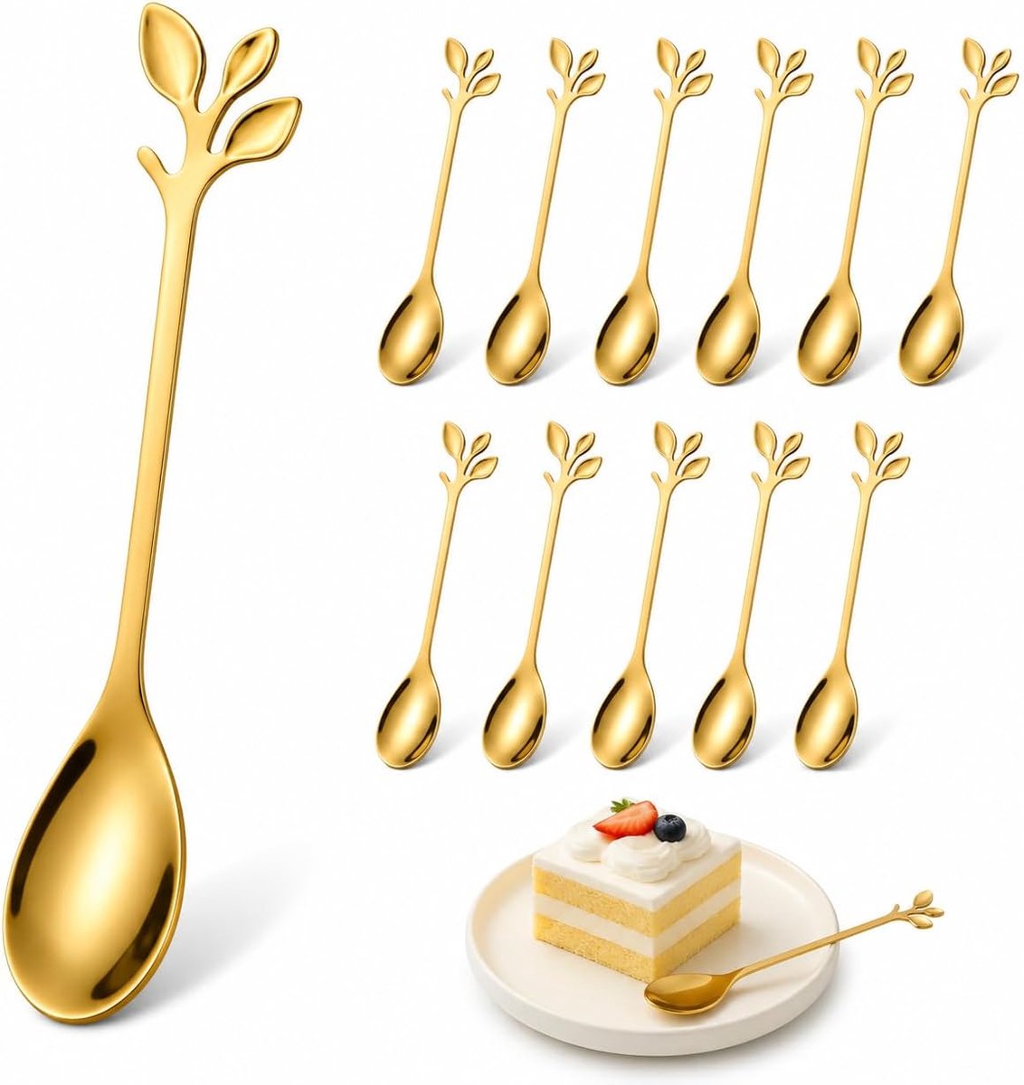 12 stuks kleine dessertlepels van roestvrij staal, mini-lepel, bladdesign, tak, 12 cm, espressolepel, herbruikbaar, voor thee, melk, dessert, keuken en koffie