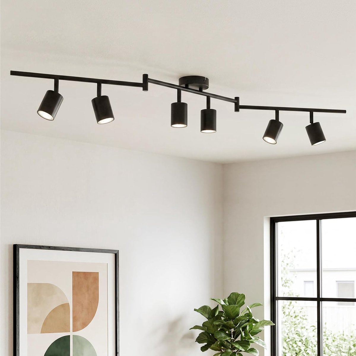 Plafondlamp, 6 spots, draaibaar, plafondlamp, keuken, zwart, moderne helling, plafondspot, GU10, binnenspot, voor woonkamer, slaapkamer, hal, zonder gloeilamp